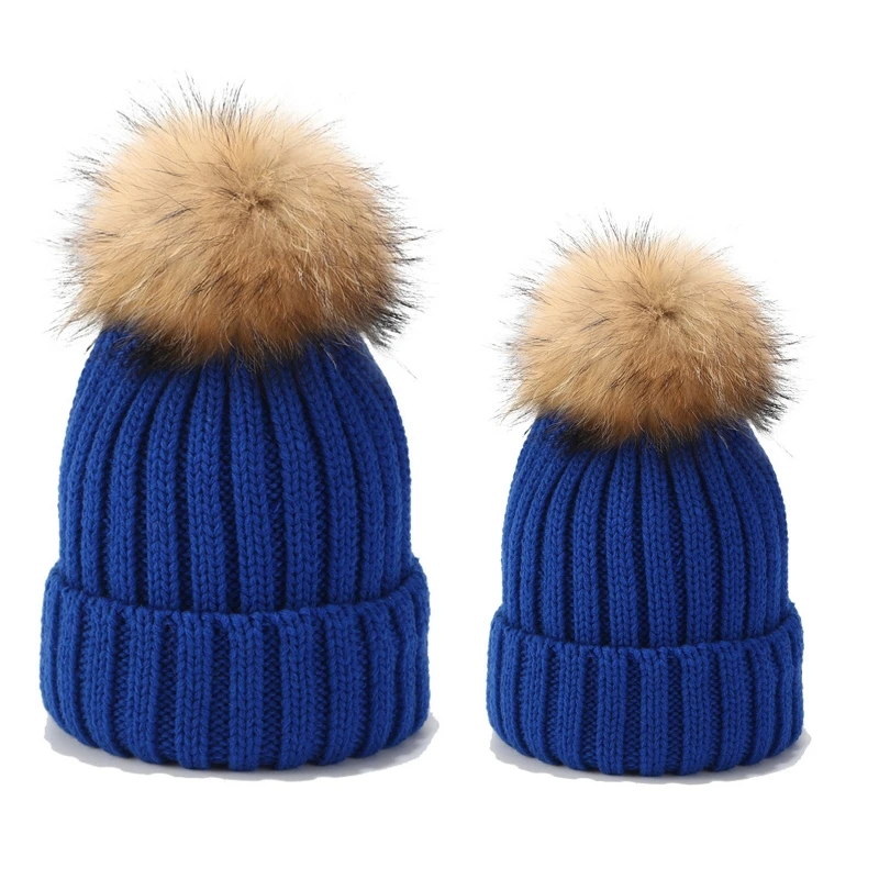 

2Pcs Parent-Child Ribbed Knitted Beanie Hat Set Mother Baby Family Winter Pom Pom Warmer Solid Color Cuffed Skull Cap