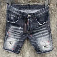 summer new dsquared2 denim shorts mens fashion self cultivation washed hole patch paint black five point pants