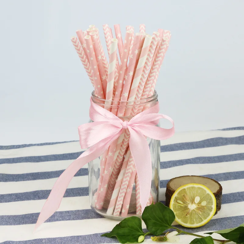 25pcs pink mix straw Многоцветный розовый синий черный белый бронзированный горошек праздничный набор столовой посуды одноразовые чашки пластины бумажные полотенца вечерние принадлежности - Цвет: 25pcs pink mix straw