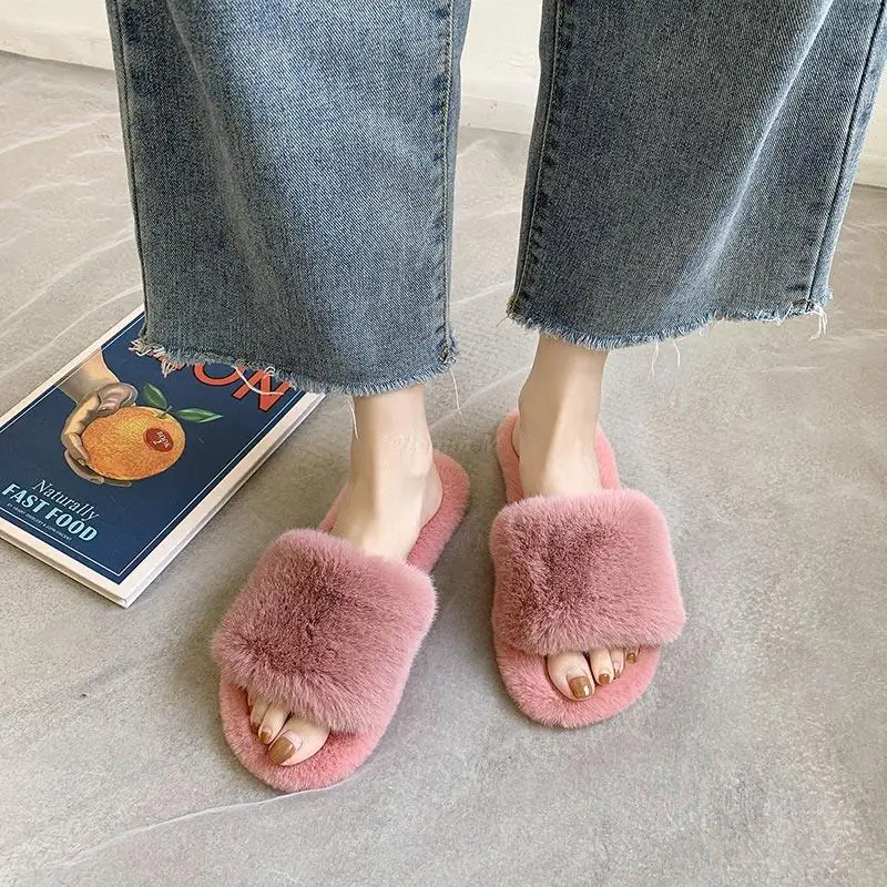 

2022 Fluffy Home Slippers Women Faux Fur Slipper Indoor Furry Slides Open Toe Slip on Soft Warm Shoes Floor Plush Flats Slides