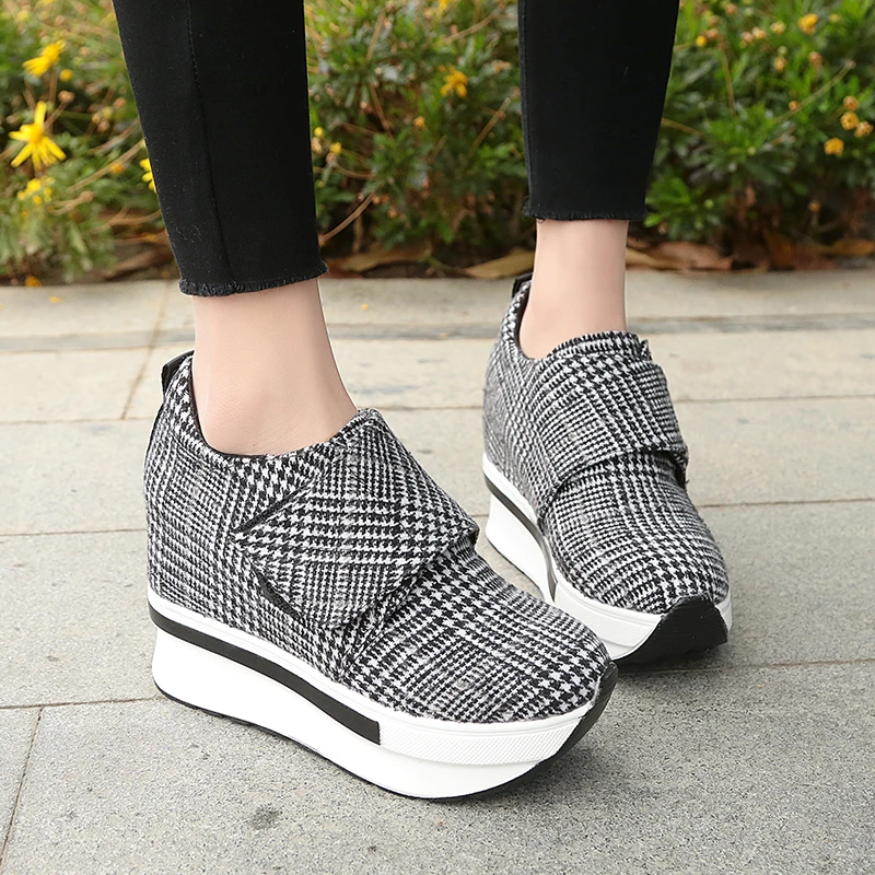 

Platform Ankle Boots for Women 2020 Spring Autumn Gingham Platform Height Increasing Shoes Woman Casual Creepers Sneakers Shoes