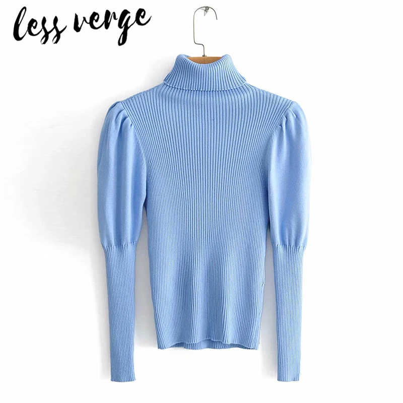 Lessverge с пышными рукавами синий вязаный свитер осень для женщин Повседневная