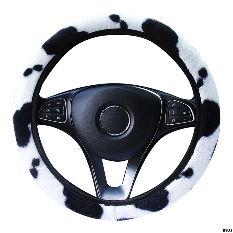 37-38 Medium Cow Steering Wheel Cover Car Fluffy General Type Wheel Cover For Woman Plush Dairy Cow Protecter Luxury Creative