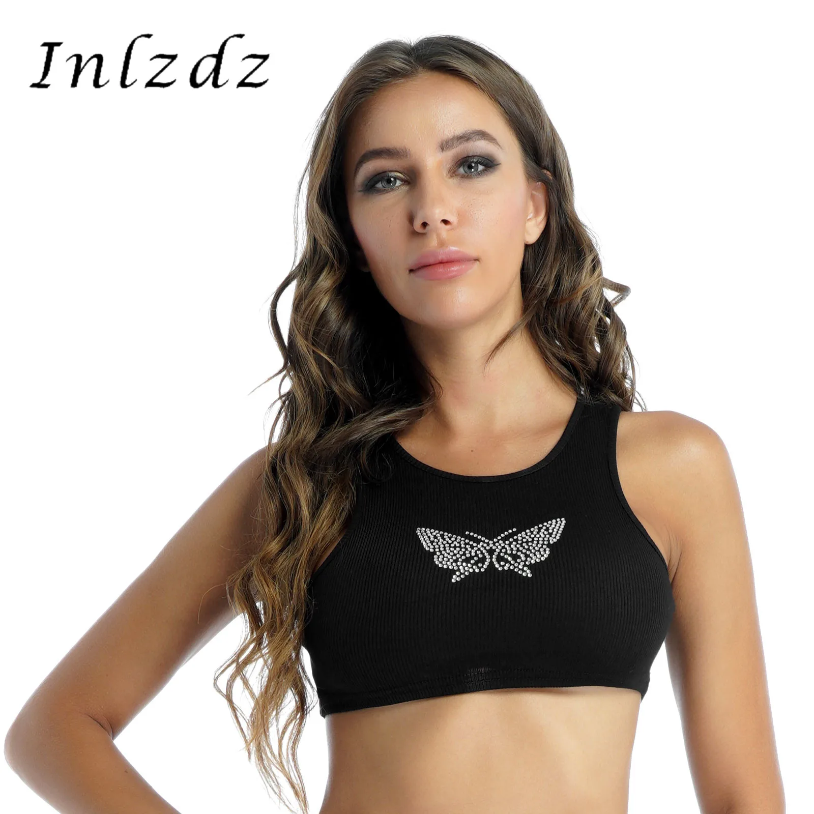 

Womens Rave Top Stylish Sparkly Rhinestone Butterfly Sport Running Cropped Tank Top Summer Fashion Ribbed Vest Tops Clubwear