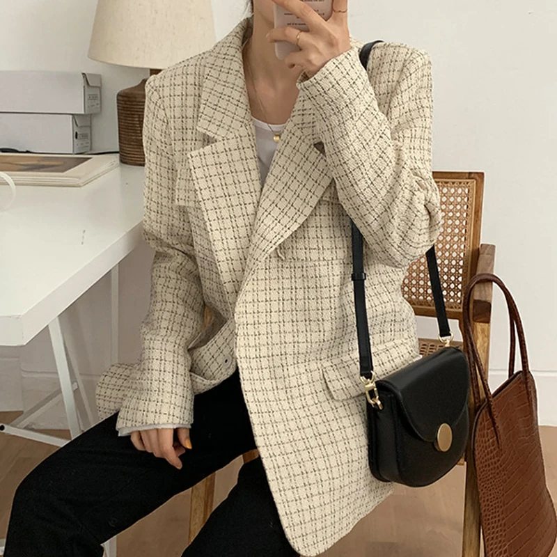 Mozuleva Vintage Chic Plaid Suit Jackets Female Elegant Notched Collar Loose Grid Women Blazers 2020 Spring Outerwear | Женская одежда