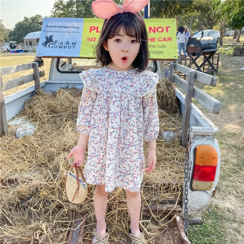 

DFXD Girls Floral Dresses Korean Style Spring Kids Cotton Long Sleeve Princess Dress Casual Kids Dresses Children's Clothing