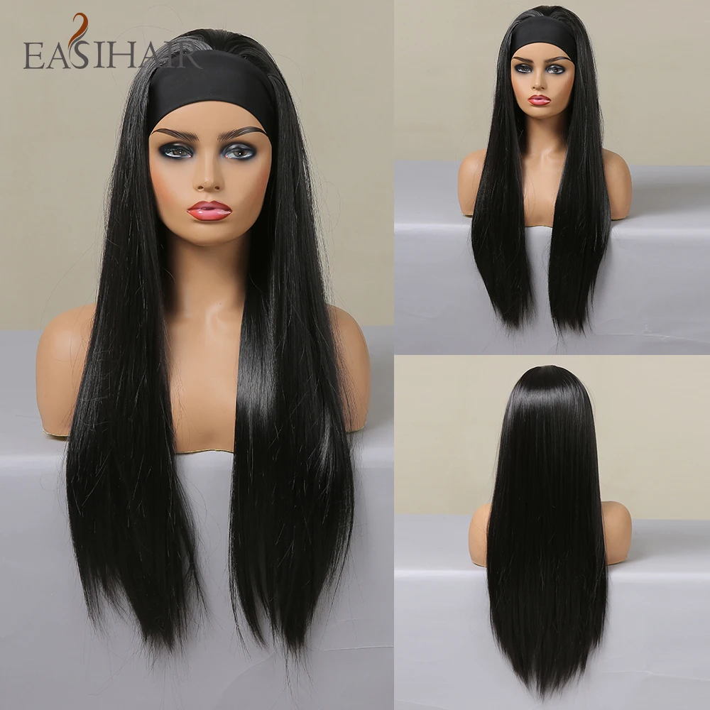 EASIHAIR-Peluca de cabello sintético para mujer, pelo largo y liso, color negro, diadema sedosa de primera calidad, para Cosplay diario