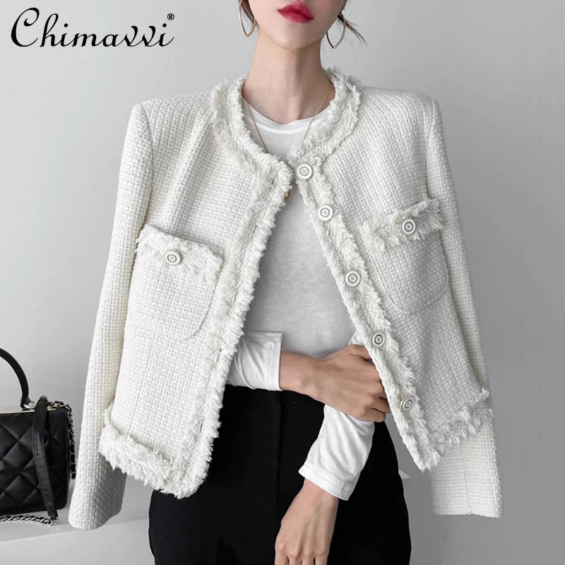 

Korean Round Neck Stitching Jacket Women Single Breasted Loose Pockets Short Coat Lady Long Sleeve White Casual Jacket