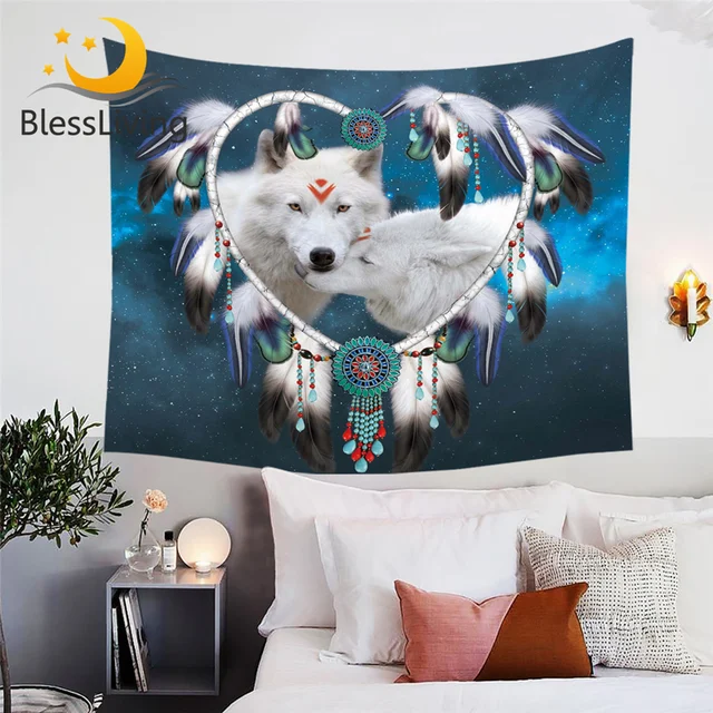 BlessLiving Wolves Couple Tapestry Wolf Wall Carpet Tribal Animal Galaxy Decorative Wall Hanging Heart Dreamcatcher Bedlinen 1