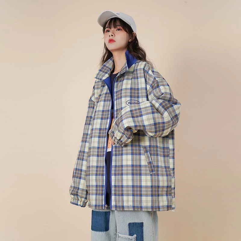 Женская клетчатая куртка в стиле Харадзюку Повседневная Уличная шахматную