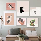 Современные плакаты и принты с забавными кошками, Картина на холсте с черными кошками и растениями, настенные картины для гостиной, кухни, украшение для дома