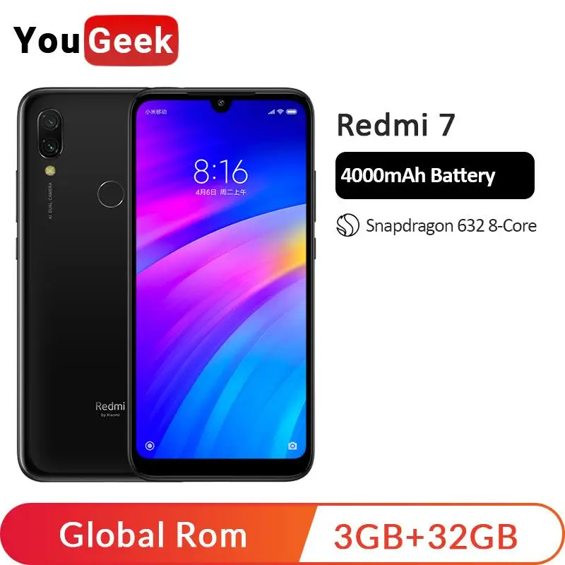 Xiaomi Redmi 7 смартфон с восьмиядерным процессором Snapdragon 632 ОЗУ 3 ГБ ПЗУ 32 12 Мп + 2 6 26