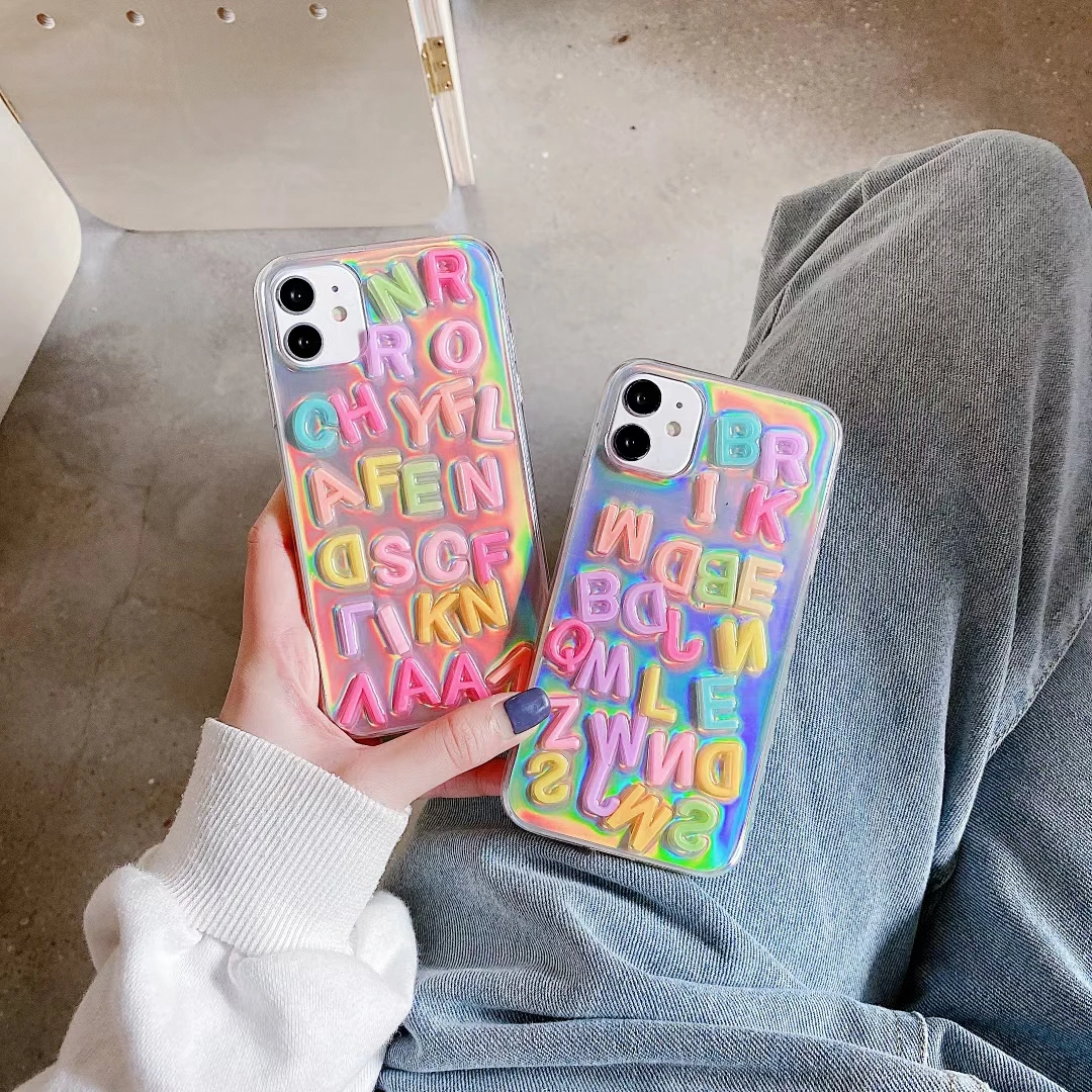 

INS Gradient Laser Phone Case for Iphone 12 Coque 11 11promax Cover 3D Colorful Letters Case for Iphone XR X 7P SE2020 Fundas
