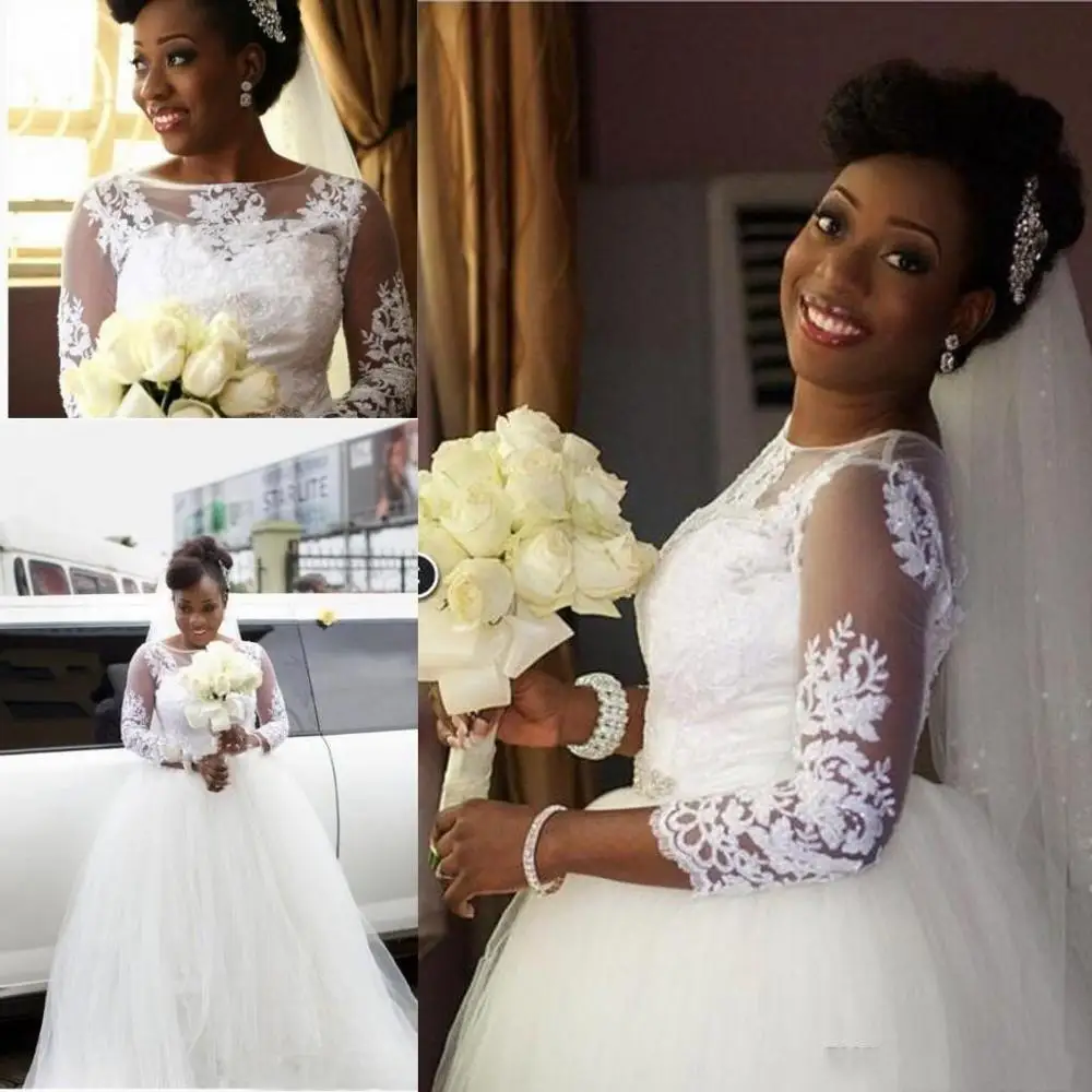 

African Vintage Black Girls 2020 New Sheer Neck Lace Appliques Satin Long Sleeves Tulle Weding Dress Bridal Gown