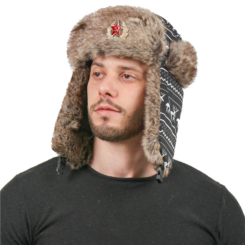 

Winter Bomber Hat Women Russian Faux Fur Trapper Hat Men Ushanka Snow Cap with Earflaps