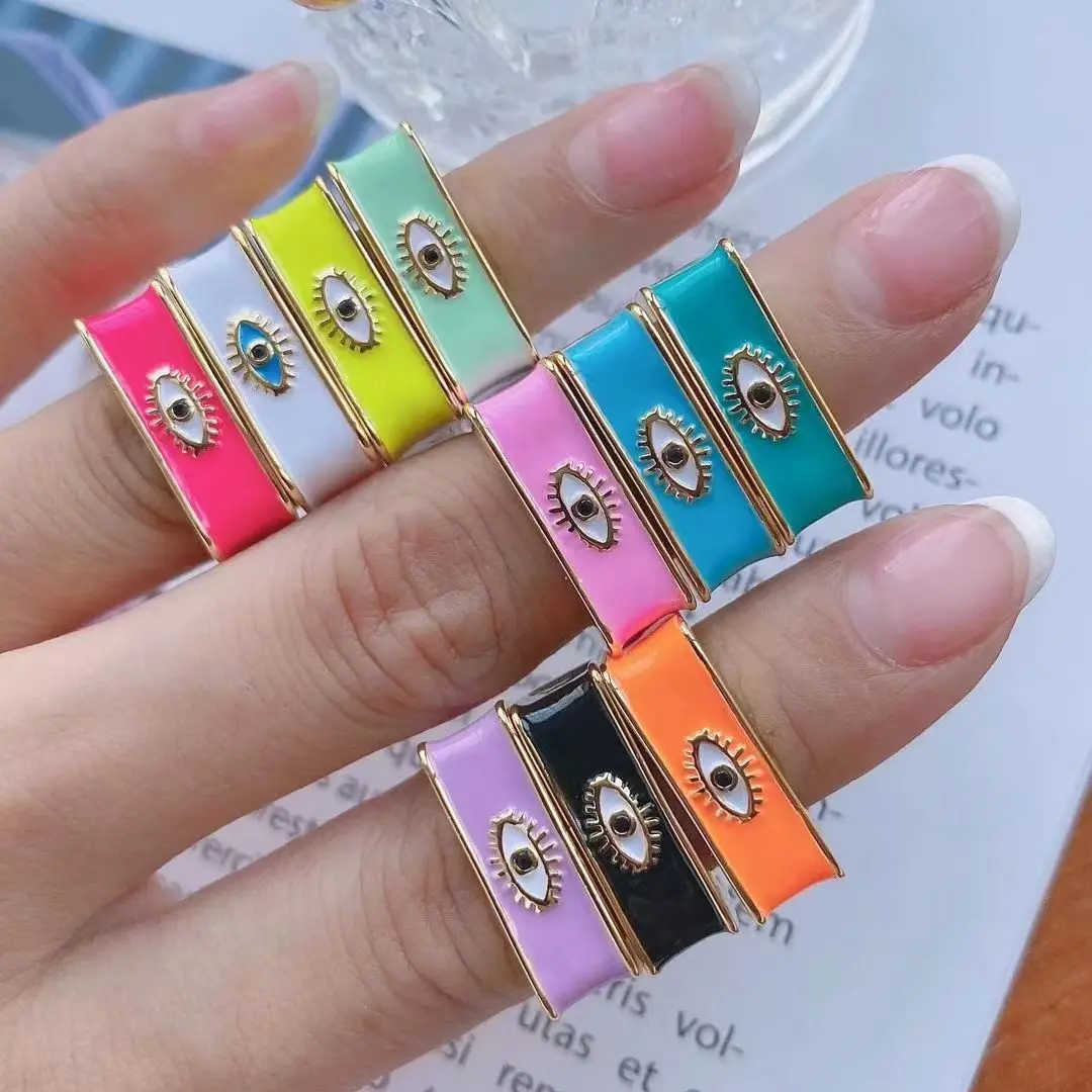 

10PCS, Good Quality Colorful Enamel Women Rings Eye Ethnic Vintage Ring Zirconia Adjustable Female Party Jewelry