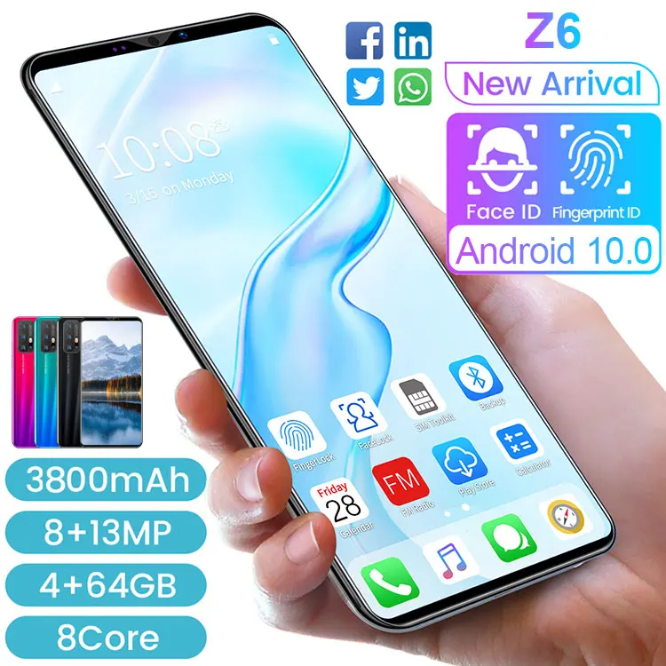 

Z6 5.0 Inch Full Screen 4+64GB 128GB Smartphone Fingerprint Face ID Andriod 10 Cell Phone 3800mAh 3G Network 8+13MP Mobile Phone