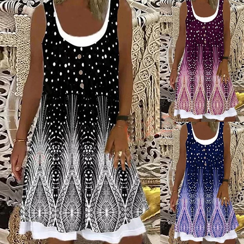 

Summer Women Tank Dress 2021 Casual Sleeveless Floral Print Splice Round Neck Mini Dress Elegent Loose Dresses