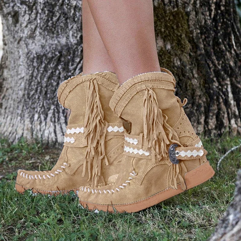 Fringe Middle Boots Women Sexy Tassel Boots Fashion Buckle Motorcycle Boots Flat Heel Boot Women Cowboy Style Bota Feminina