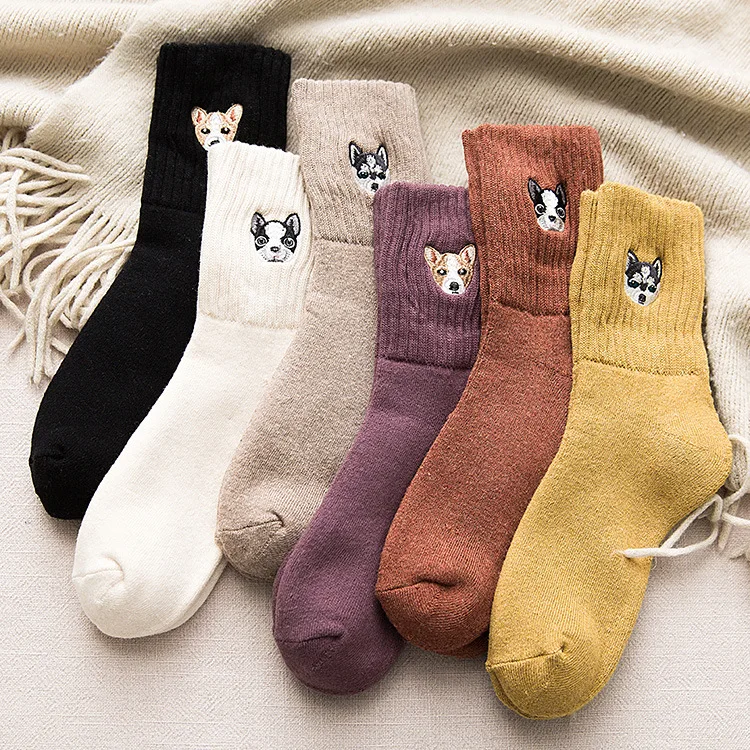 

Embroidered Cartoon Puppy Women Socks Winter Japanese Style Thicken Warm Socks Cotton Terry-loop Hosiery for Ladies 234