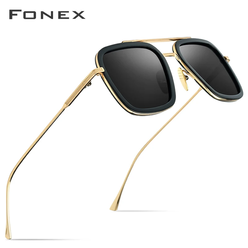 Серый FONEX из чистого титана ацетата поляризационные солнцезащитные очки мужские ретро Тони Старк солнцезащитные очки новые винтажные солнцезащитные очки Edith для женщин 8512 - Цвет линз: Серый