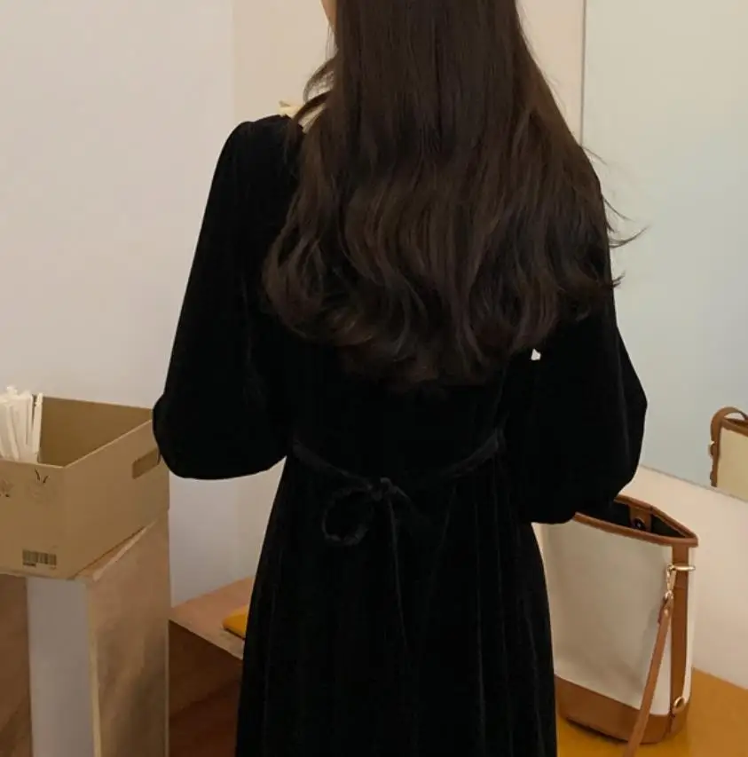 

French style elegant velvet dress women lace stitching o-neck slim high wasit a-line dress