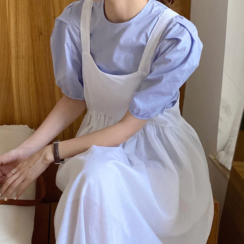 Summer Reduction Soft Blue Round Neck Loose Puff Sleeve Shirt Back Big Swing Strap Dress | Женская одежда
