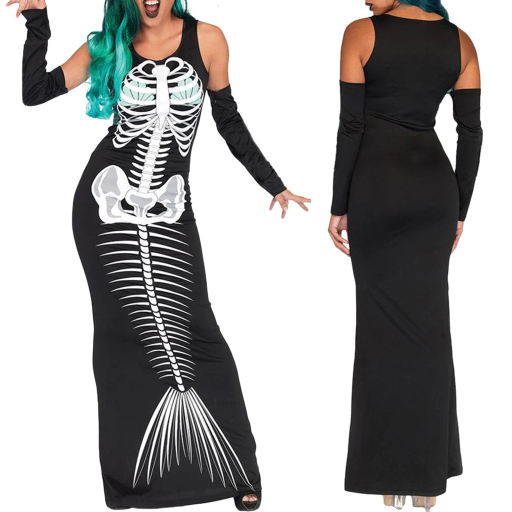 Модное женское платье на Хэллоуин карнавальный костюм с принтом черепа длинное