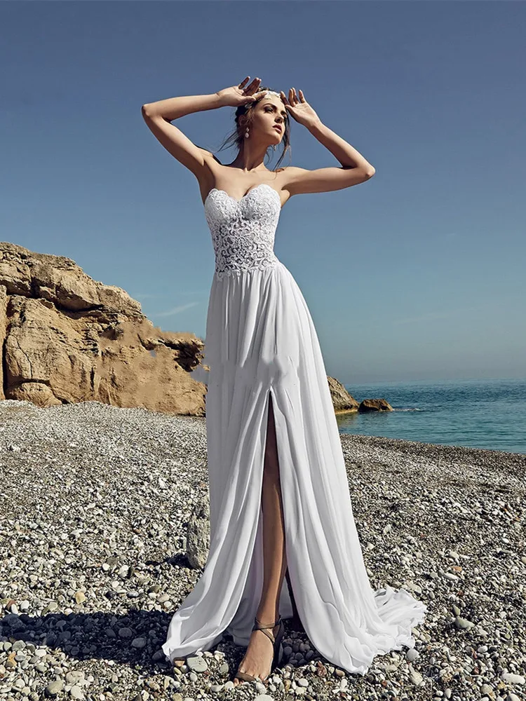 

Sexy High Split Wedding Dress 2021 Strapless Chiffon Lace Appliques Long Court Train Beach Style For Elegant Women New Arrive