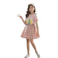 girls summer cartoon print short sleeved t shirt sweatshirt striped plaid half length skirt fashion quality childrens clothing