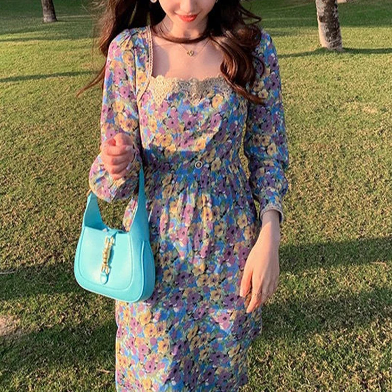 

Vintage Floral Dress Women Casual 2021 Summer Sweet Fairy Chiffon Party Elegant Dress Female One Piece Dress Korean Puff Sleeve