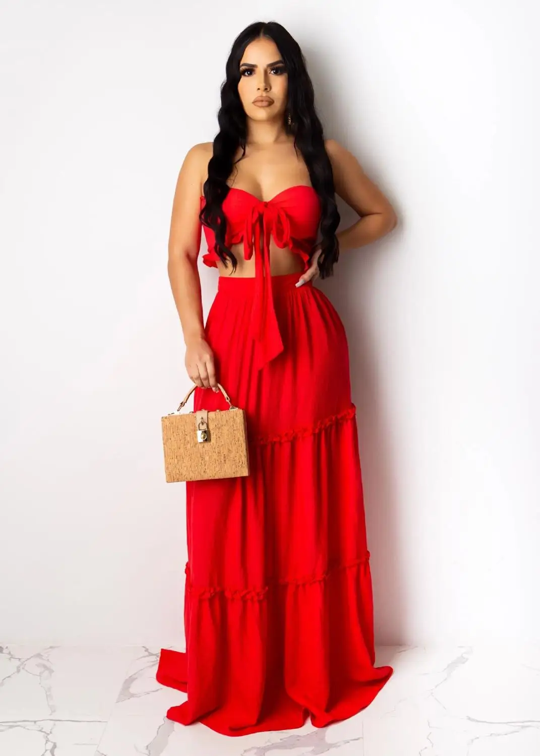 

2020 Women Solid Beach Bohemian Maxi dress Bow Strapless Crop Top Cascanding Ruffles Long Skirt Suit Two Piece Set Tracksuit