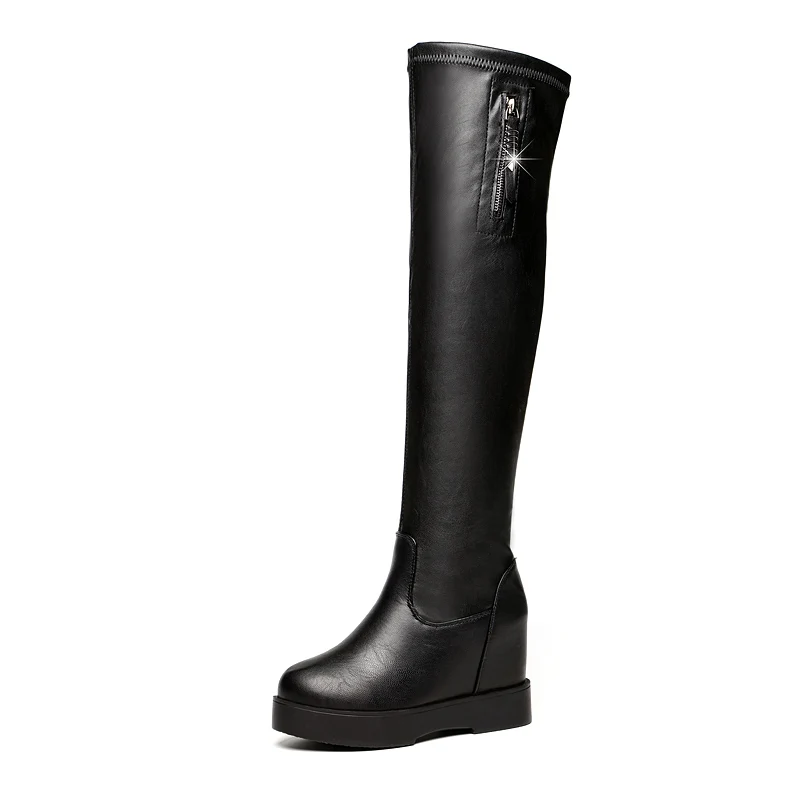 

Botas de microfibra elásticas para mujer, botines de tacón alto, con plataforma gruesa, hasta la rodilla, color negro, estilo pu