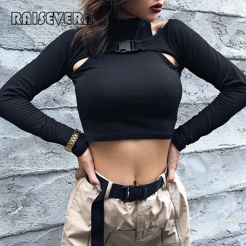 Гот Харадзюку длинный рукав женский укороченный топ вырез водолазка черная