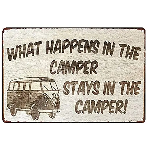 

Free Pintree Original Vintage Design What Happens in The Camper Tin Metal Signs Wall Art | Thick Tinplate Print Poster Wall Deco