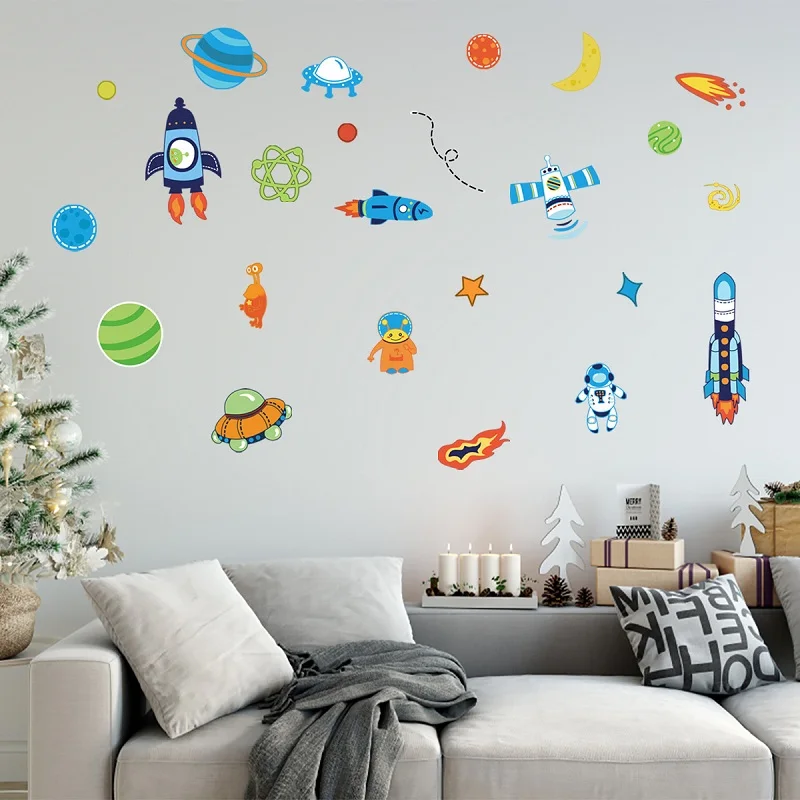 Zollor Наклейка на стену с мультяшным космическим кораблем ракеткой планетой для