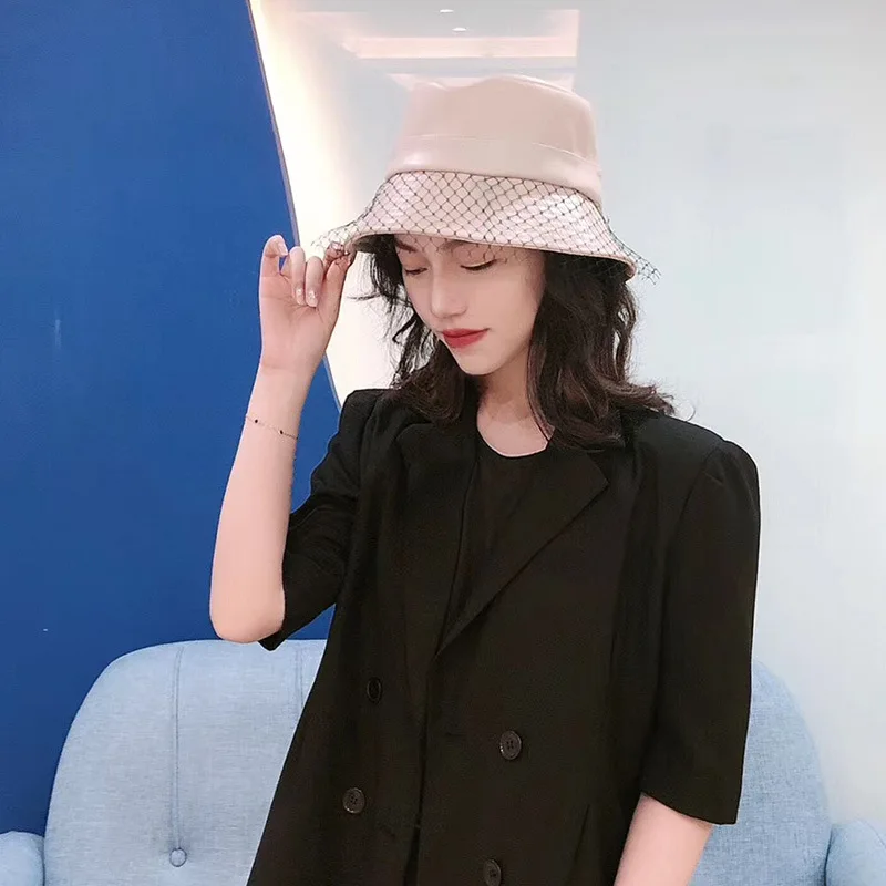 Fashion Hat Autumn Winter Women Bucket Hats New Net Yarn PU Leather Cap Hepburn Simplicity Travel Casual Cap