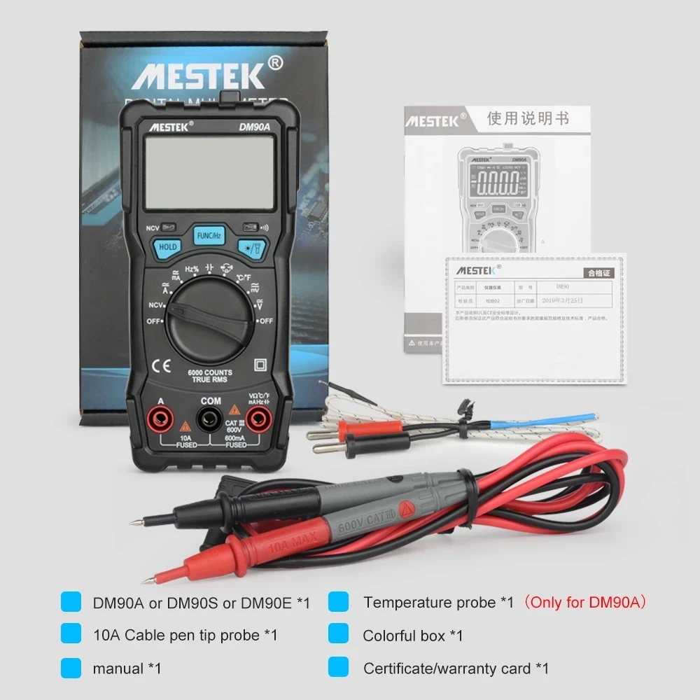 

MESTEK Digital Multimeter DM90A/E/S NCV 6000 counts Auto Ranging AC/DC voltage meter Flashlight Back light Universal Multitester