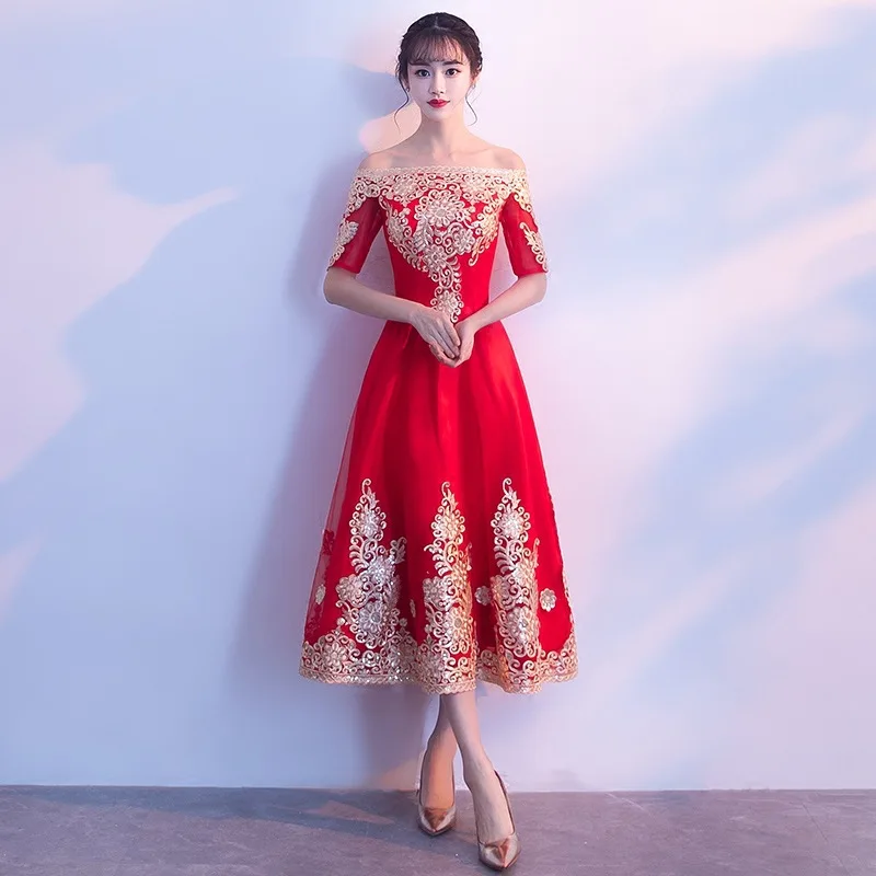 

Women Slim A-Line Cheongsam Improved Red Classic Toast Clothing Off Shoulder Qipao Chinese Style Lace Dress chinese dress qipao