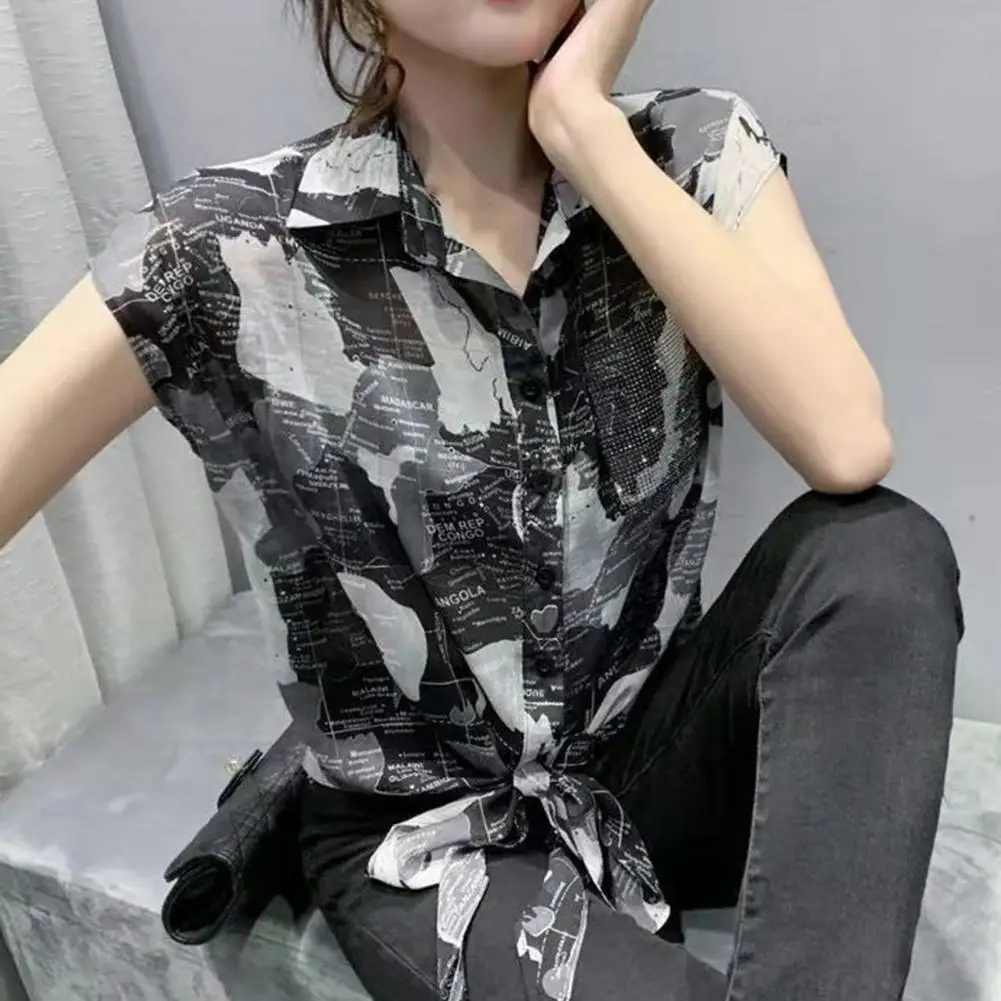 

Women Summer Shirt casual Knotted Short Sleeve All-matched Loose Lady Blouse fashionable Skin-friendly Flower Print Chiffon Top