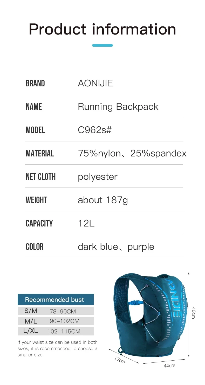 AONIJIE C962S New 12L Running Backpack Lightweight Hydration Vest Bag For Sports Cycling Hiking Ultra Trail Marathon Race Pack