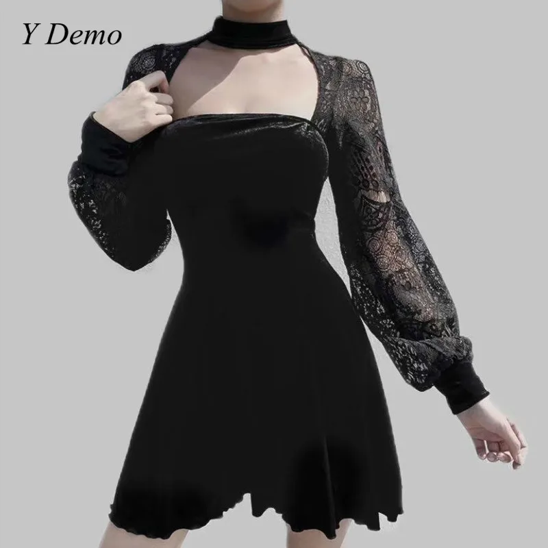 Женское готическое платье с открытой спиной кружевное рукавами вырезом хомутом