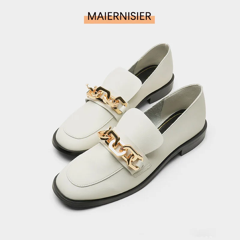 

Туфли на плоской подошве, белые, с металлической цепочкой, британские лоферы, Мокасины, туфли для женщин