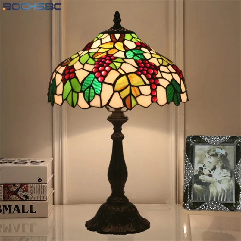 

BOCHSBC Tiffany Style Desk Lamps Red Grape Cherry Green Leaf Stained Glass Table Home Decor Lights Handcraft Arts 16" E27 LED