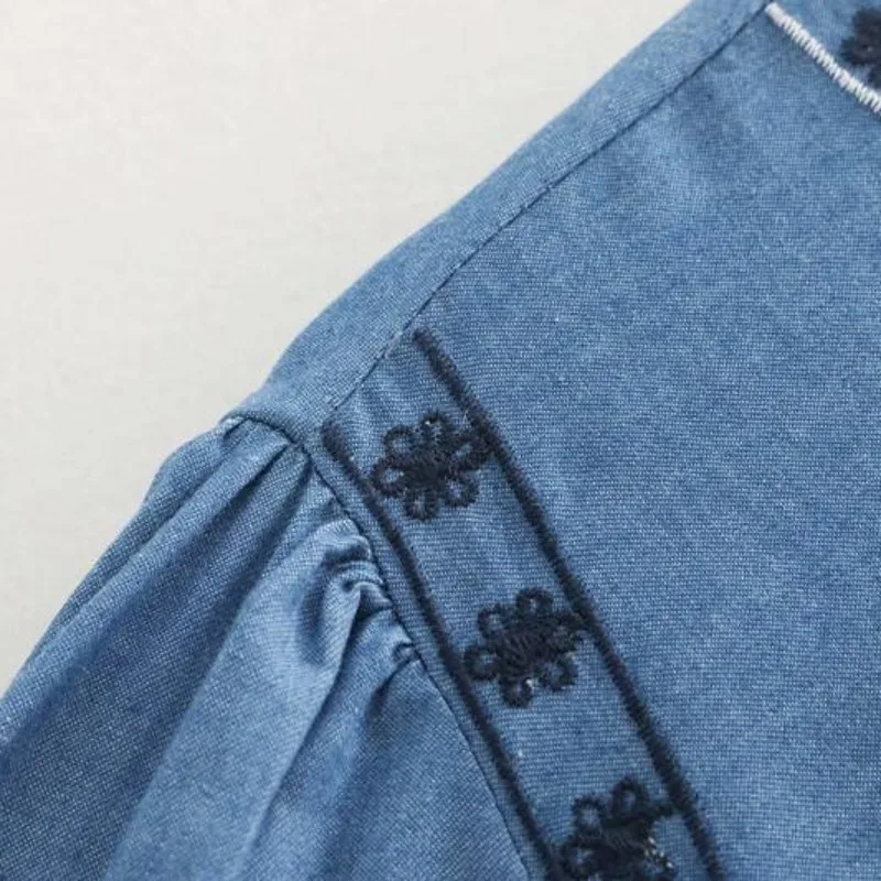 Женские джинсовые топы в народном стиле с цветочной вышивкой блузка длинным