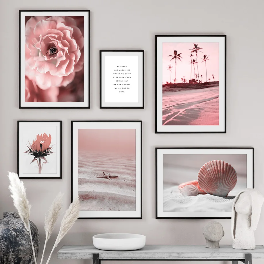 Розовый цветок небо океан пляж улитки настенная живопись холст скандинавские