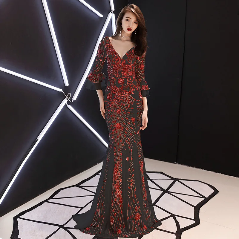 Женские вечерние платья с v образным вырезом и расклешенными рукавами модное