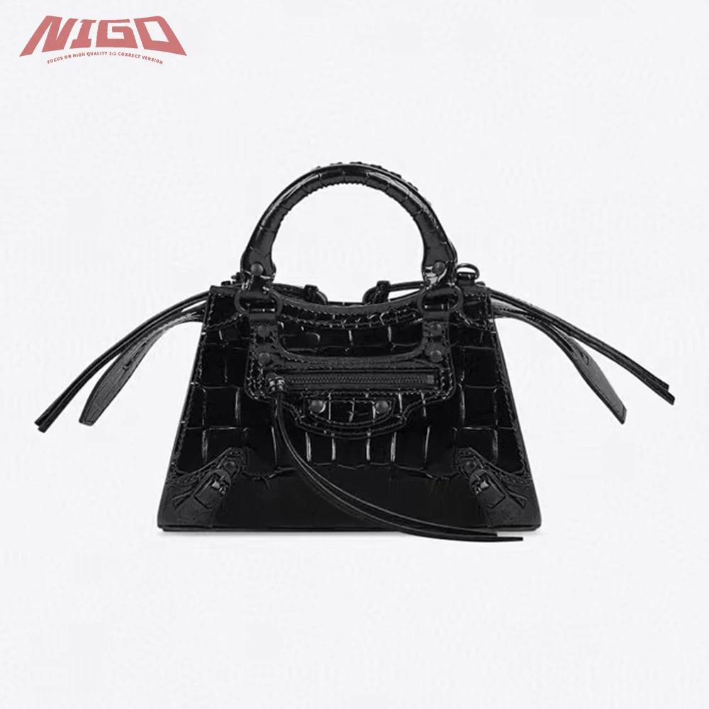 

NIGO Ms 21ss NEO CLASSIC Semi-Matt Crocodile Embossed Silver Metal Hardware Black Calf Leather Shoulder Bag#nigo2626