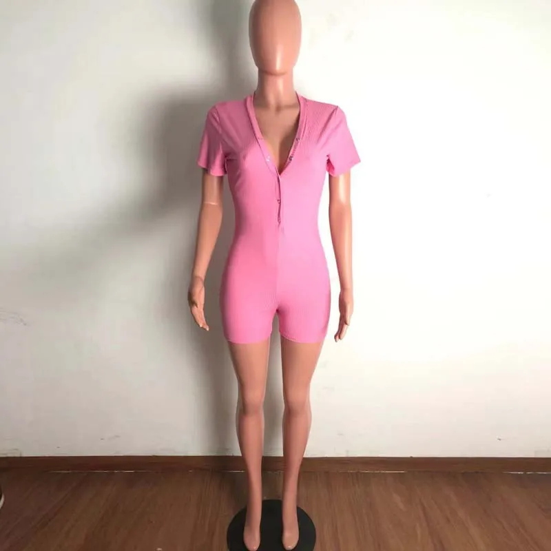 

ZOOEFFBB Casual Solid Rib Bodycon Playsuit One Piece Outfit Women Overalls Trendy Sexy V-neck Summer 2021 Loungewear Clothes
