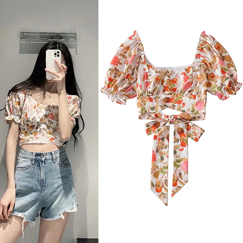 

WESAY JESI 2021 Spring New Women's Top Square Collar Lantern Sleeves Open Back Sweet Elegant Shirt Fashion Retro Temperament Top